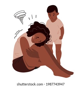 Sad mother sitting on the floor with her crying child. Postpartum depression concept. Colorful vector illustration in flat cartoon style.