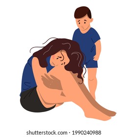 Sad mother sitting on the floor with her crying child. Postpartum depression concept. Colorful vector illustration in flat cartoon style.