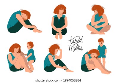 Sad mother sitting on the floor with her crying child. Postpartum depression concept. Colorful vector illustration in flat cartoon style.