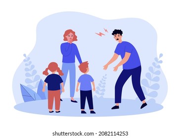 Sad mother standing near husband who shouting at children. Parent scolding kids flat vector illustration. Family relationship and violence concept for banner, website design or landing web page