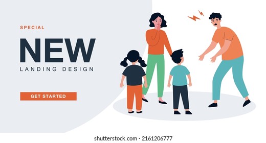 Sad mother standing near husband who shouting at children. Parent scolding kids flat vector illustration. Family relationship and violence concept for banner, website design or landing web page