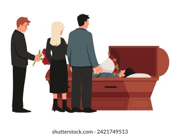 Triste luto por la gente con flores vestidas de negro parados alrededor del ataúd con un muerto. Ceremonia fúnebre, ilustración vectorial del servicio fúnebre. Ceremonia de entierro del cuerpo humano aislado en blanco