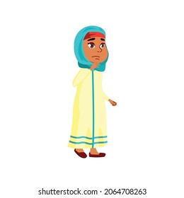 sad muslim girl kid dreaming about new doll in toy store cartoon vector. sad muslim girl kid dreaming about new doll in toy store character. isolated flat cartoon illustration