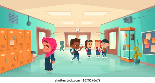 Sad muslim girl in school hallway and teenagers behind her back. Vector cartoon illustration with children different nationalities. Social communication problem, bullying and racism concept