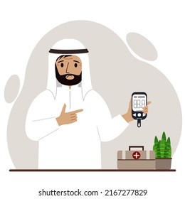 Sad Muslim Man Holds A Glucometer In His Hand. The Concept Of Blood Sugar Control, Diabetic. Vector Flat Illustration