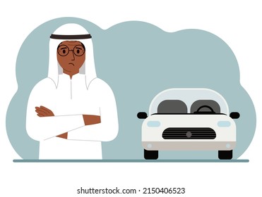 Sad Muslim Man Next To A Beautiful White Car. Vector Flat Illustration