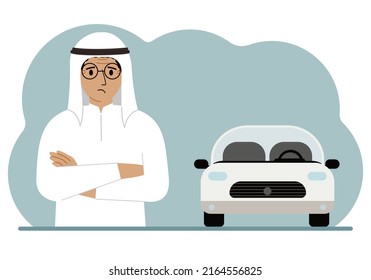 Sad Muslim Man Next To A Beautiful White Car. Vector Flat Illustration