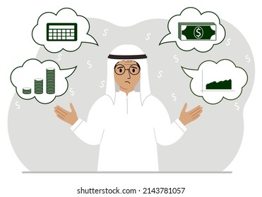 Sad Muslim Man Thinking About Finances. In My Thoughts Money, Calculator, Charts. For Posters, Banners, Websites. Vector Flat Illustration