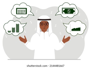 Sad Muslim Man Thinking About Finances. In My Thoughts Money, Calculator, Charts. For Posters, Banners, Websites. Vector Flat Illustration