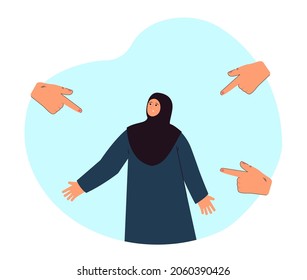 Sad Muslim woman surrounded by hands with fingers pointing at her. Society pressure flat vector illustration. Public disapproval, humiliation concept for banner, website design or landing web page