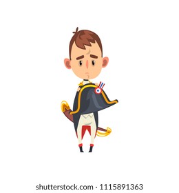 Sad Napoleon Bonaparte cartoon character, comic French historical figure vector Illustration on a white background