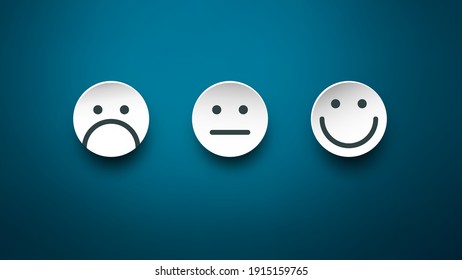 Sad, Neutral and Happy Paper Cut Faces on Blue Background - Vector Feedback Icons