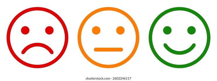 Sad, neutral and happy positive emoticons smile faces, customer reviews sign, rating service, good client satisfaction, user experience best customer feedback