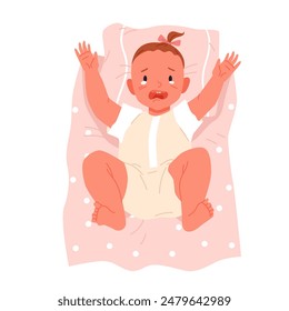 Sad newborn baby crying, babysitting. Unhealthy exhausted toddler lying on pink polka dot blanket and pillow to cry, top view of tired sick infant kid with stress cartoon vector illustration