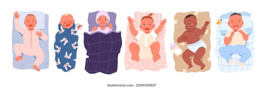 Sad newborn baby crying set. Boys and girls cry, top view of neglected kids lying in bed with tears and loud screaming, pacifier and milk bottle in crib with children cartoon vector illustration