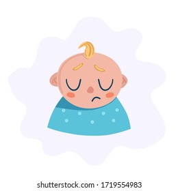 Sad newborn boy. The head of the character. Flat vector illustration.