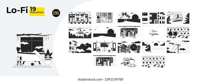 Sad nostalgia night time black and white lofi wallpapers bundle. Nostalgic vintage. Dreamy vibes 2D outline scenes cartoon flat illustrations collection. Retro vector line lo fi aesthetic backgrounds