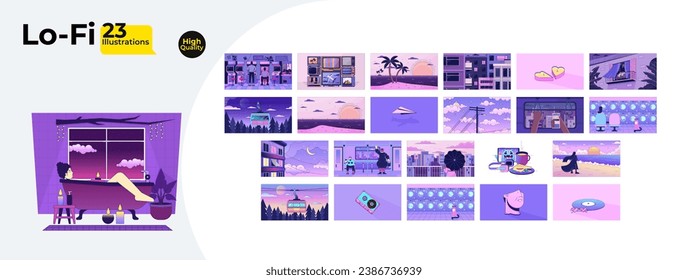 Sad nostalgia night time lofi wallpapers bundle. Nostalgic vintage. Dreamy vibes 2D scenes cartoon flat illustrations collection. Retro style chill vector art, lo fi aesthetic colorful backgrounds