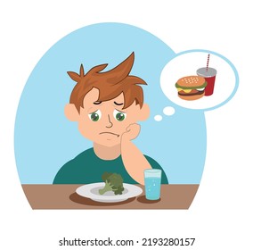 A sad obese boy is sitting at the table with a plate of broccoli. A child on a diet dreams of a donut. Healthy lifestyle and bad habits. The concept of weight loss and diet. vector illustration.