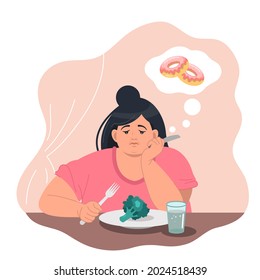 A sad obese woman is sitting at the table with a plate of broccoli. A woman on a diet dreams of a donut. Healthy lifestyle and bad habits. The concept of weight loss and diet. Vector illustration