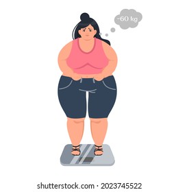A sad, obese woman is standing on the scales. Problems with excess weight. Weight loss. The concept of bad eating habits, gluttony, obesity and unhealthy eating. Vector illustration svg