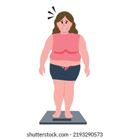 A Sad Obese Woman Is Standing On The Scales. Problems With Excess Weight. Weight Loss. The Concept Of Bad Eating Habits, Gluttony, Obesity And Unhealthy Eating. Vector Illustration.