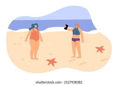 Sad obese woman in swimsuit on beach flat vector illustration. Girl dissatisfied with her figure while friend taking picture of her. Obesity concept for banner, website design or landing web page