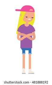 Sad offended blonde teenage girl cartoon illustration/Vector flat editable clip art