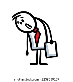 A sad office clerk bowed his head in frustration holding a paper document in his hands. Vector illustration of upset businessman.