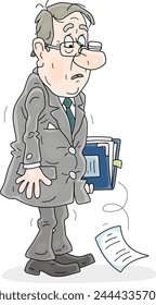 Sad office employee holding a folder with documents and thinking about problems and unfairness, vector cartoon illustration isolated on a white background