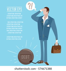 Sad office worker with a Big Debt weight, flat style, business concept. Ruined millionaire. Businessman with a big debt to the bank.Vector Illustration.