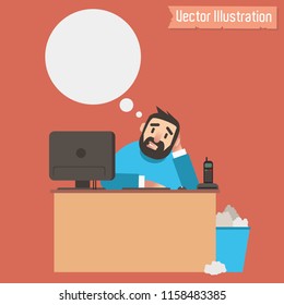 Sad office worker is dreaming about something. A bubble of thoughts. Man dreams of rest. Isolated vector illustration. Character for animation