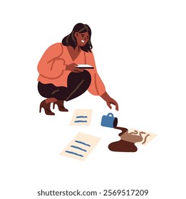 Sad office worker drops cup, spills coffee on papers in chaos. Employee with stress does fail, failures in work. Confused woman made mistake. Flat isolated vector illustration on white background