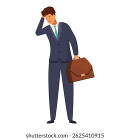 Sad office worker holding head and briefcase feeling stressed