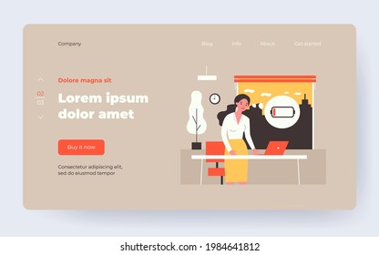 Sad office worker and laptop with low battery. Unhappy woman with low energy level flat vector illustration. Burnout, fatigue, technical problem concept for banner, website design or landing web page