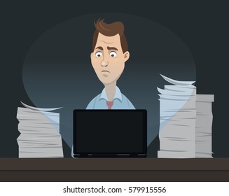 Sad office worker sitting behind his table and working on his laptop at night with a lot of papers and documents around - concept of stress and frustration - vector cartoon illustration
