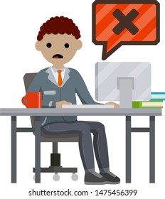 Sad office worker under stress. Man sitting at computer. error message is a bug and virus. access is closed. Work for service repair.