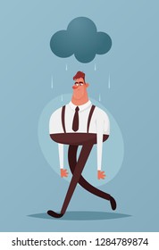 Sad Office Worker Walking Under the Rainy Cloud. Cartoon Style. Vector Illustration