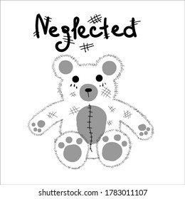 Sad old children's toy Bear in ruins. Neglected and abandoned concept, loneliness