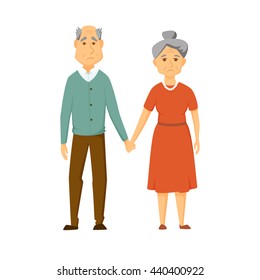 Sad old couple stand together and hold hands. Unhappy elderly man and women vector illustration. Cartoon adult family. Worried 