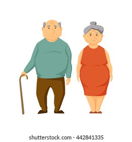 Sad old fat couple stand together. Unhappy elderly obesity man and women vector illustration. Cartoon man and woman. Overweight adult family. Worried.