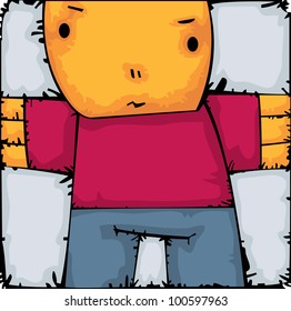 Sad old fat yellow teddy bear in red shirt and blue trousers
