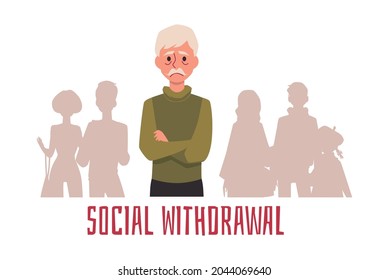Sad old lonely man with social withdrawal syndrome. Cartoon senior person feeling alone in crowd of people, flat vector illustration isoalted on white background
