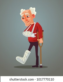 Sad old man broke his leg. Vector flat cartoon illustration