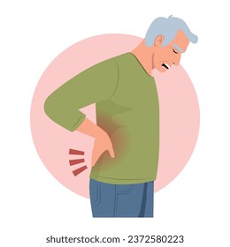 sad old man feels back pain, spinal health. Vector illustration