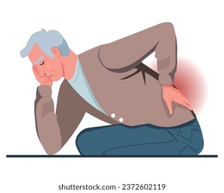 sad old man feels back pain, spinal health. Vector illustration.