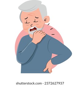 sad old man feels back pain, spinal health. Vector illustration.