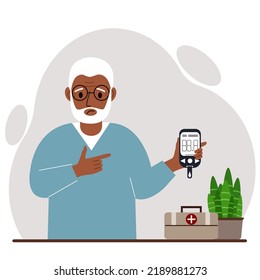 Sad old man holds a glucometer in his hand. The concept of blood sugar control, diabetic. Vector flat illustration