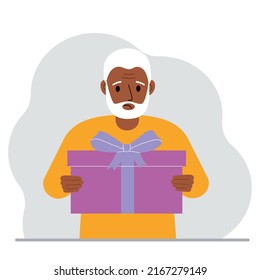 A sad old man holds a large gift box with a bow in his hands. Vector flat illustration