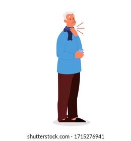 Sad old man with a pain in throat. Symptom of flu or virus infection. Male senior with sore throat wearing a scarf. Flat illustration